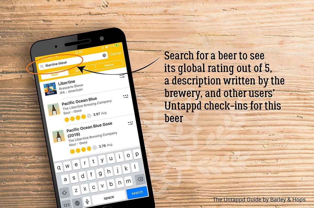 Search for a beer to see its global rating out of 5, a description written by the brewery, and other users' Untappd check-ins for this beer.